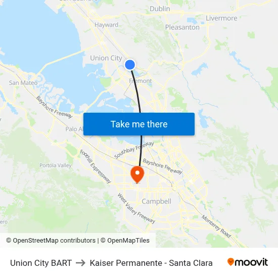 Union City BART to Kaiser Permanente - Santa Clara map