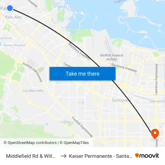 Middlefield Rd & Willow Rd to Kaiser Permanente - Santa Clara map