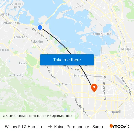Willow Rd & Hamilton Av to Kaiser Permanente - Santa Clara map