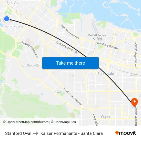 Stanford Oval to Kaiser Permanente - Santa Clara map