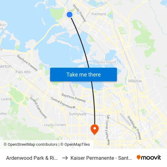 Ardenwood Park & Ride Lot to Kaiser Permanente - Santa Clara map