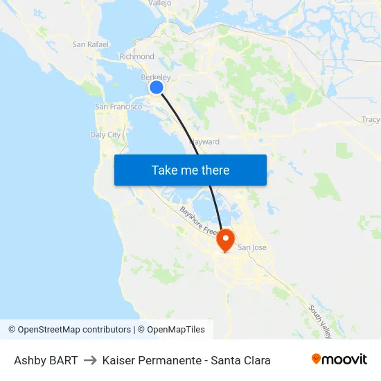 Ashby BART to Kaiser Permanente - Santa Clara map