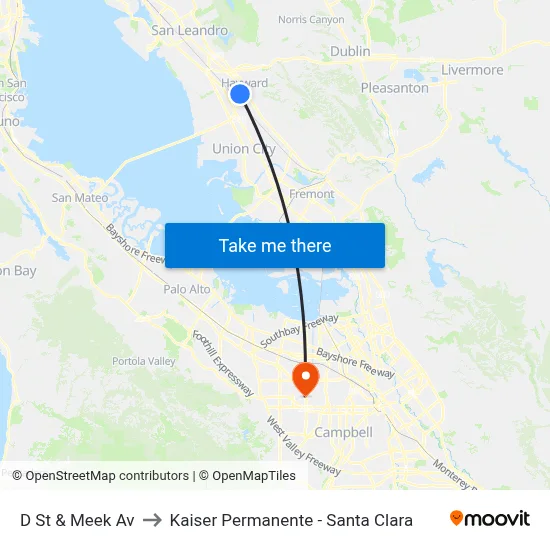 D St & Meek Av to Kaiser Permanente - Santa Clara map