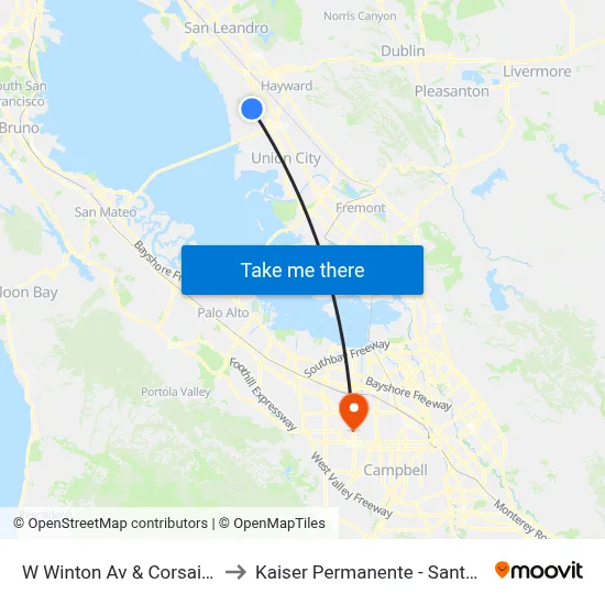 W Winton Av & Corsair Blvd to Kaiser Permanente - Santa Clara map