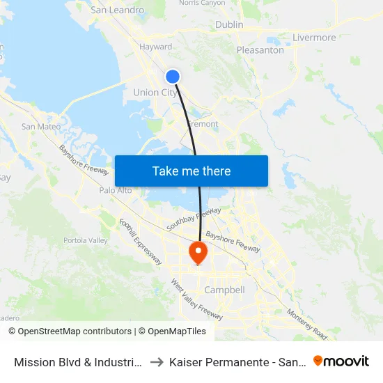 Mission Blvd & Industrial Pkwy to Kaiser Permanente - Santa Clara map