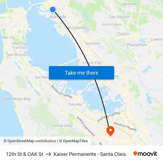 12th St & OAK St to Kaiser Permanente - Santa Clara map
