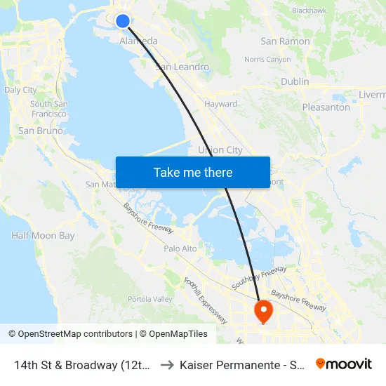 14th St & Broadway (12th St BART) to Kaiser Permanente - Santa Clara map