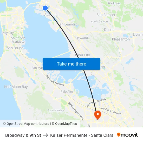 Broadway & 9th St to Kaiser Permanente - Santa Clara map