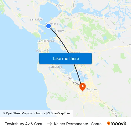 Tewksbury Av & Castro St to Kaiser Permanente - Santa Clara map