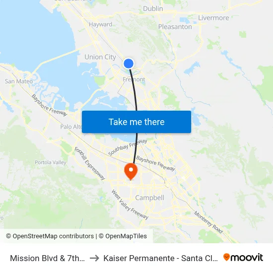 Mission Blvd & 7th St to Kaiser Permanente - Santa Clara map