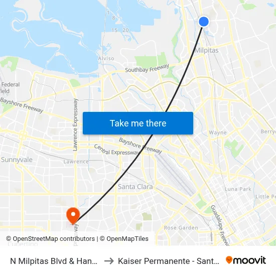 N Milpitas Blvd & Hanson Ct to Kaiser Permanente - Santa Clara map