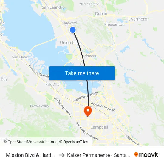 Mission Blvd & Harder Rd to Kaiser Permanente - Santa Clara map