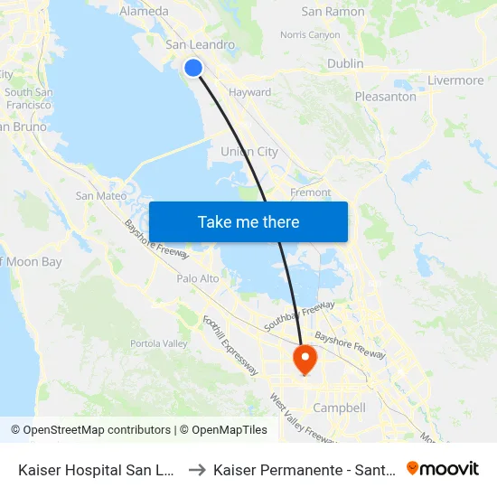 Kaiser Hospital San Leandro to Kaiser Permanente - Santa Clara map