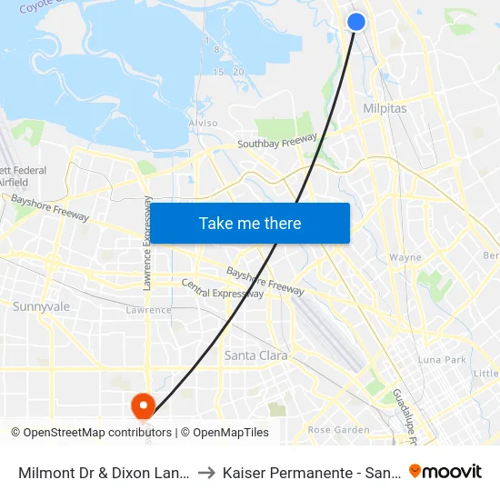 Milmont Dr & Dixon Landing Rd to Kaiser Permanente - Santa Clara map