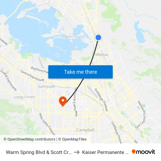 Warm Spring Blvd & Scott Creek Rd (Kato Rd) to Kaiser Permanente - Santa Clara map