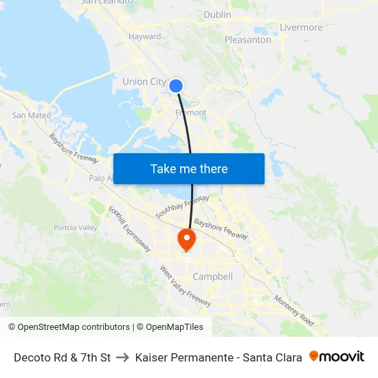 Decoto Rd & 7th St to Kaiser Permanente - Santa Clara map