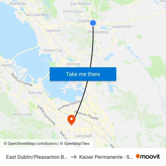 East Dublin/Pleasanton BART Station to Kaiser Permanente - Santa Clara map