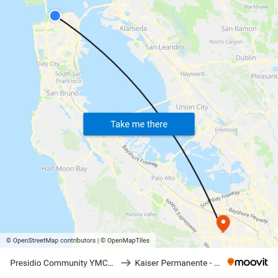 Presidio Community YMCA (Outbound) to Kaiser Permanente - Santa Clara map