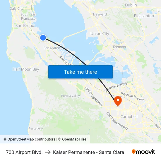 700 Airport Blvd. to Kaiser Permanente - Santa Clara map