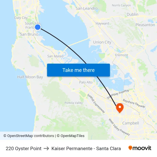 220 Oyster Point to Kaiser Permanente - Santa Clara map