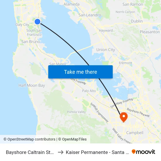 Bayshore Caltrain Station to Kaiser Permanente - Santa Clara map
