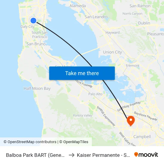 Balboa Park BART (Geneva/Delano) to Kaiser Permanente - Santa Clara map