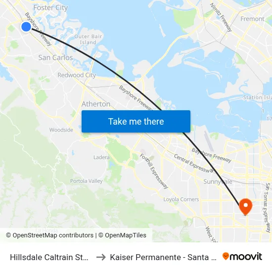 Hillsdale Caltrain Station to Kaiser Permanente - Santa Clara map