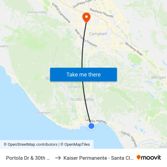 Portola Dr & 30th Ave to Kaiser Permanente - Santa Clara map