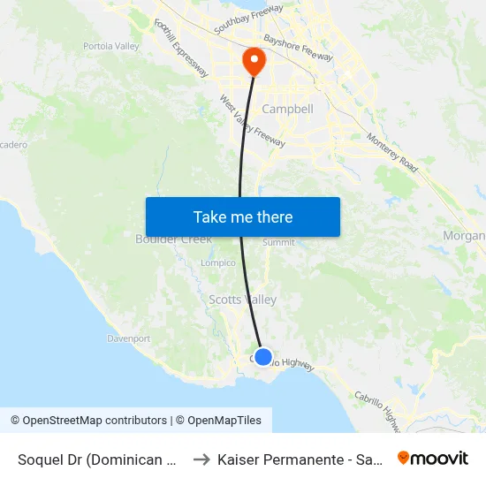 Soquel Dr (Dominican Hospital) to Kaiser Permanente - Santa Clara map