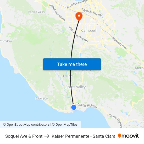 Soquel Ave & Front to Kaiser Permanente - Santa Clara map