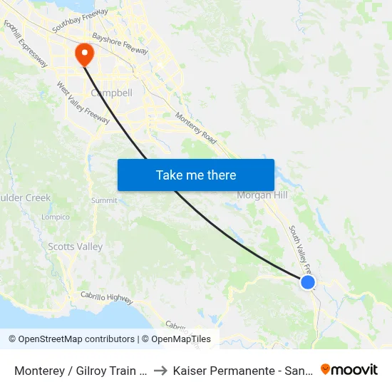 Monterey / Gilroy Train Station to Kaiser Permanente - Santa Clara map