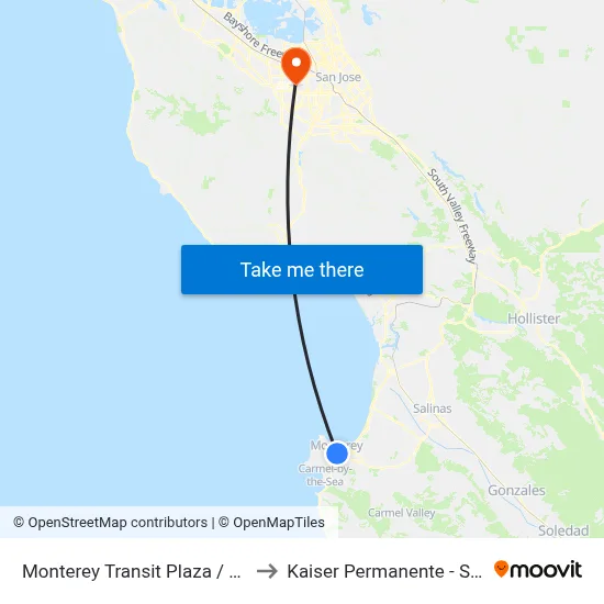 Monterey Transit Plaza / Gate 4 Tyler to Kaiser Permanente - Santa Clara map