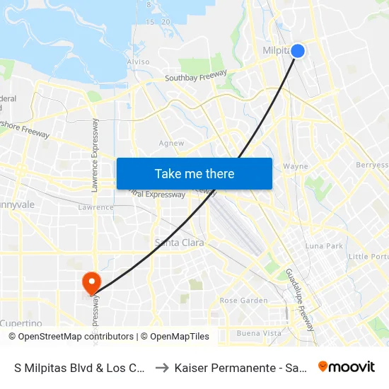 S Milpitas Blvd & Los Coches St to Kaiser Permanente - Santa Clara map