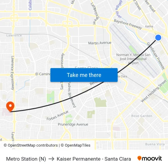 Metro Station (N) to Kaiser Permanente - Santa Clara map