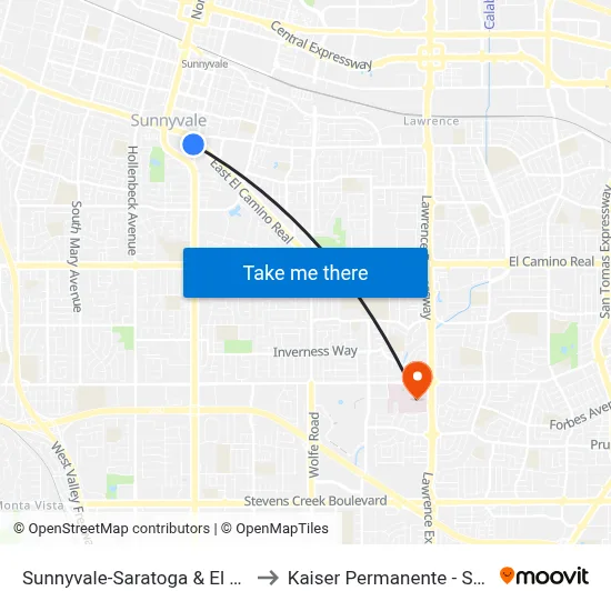 Sunnyvale-Saratoga & El Camino (S) to Kaiser Permanente - Santa Clara map