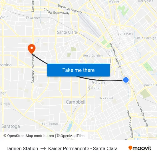Tamien Station to Kaiser Permanente - Santa Clara map