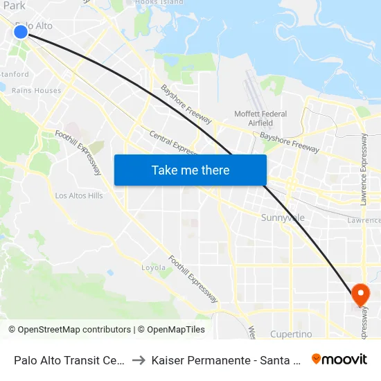 Palo Alto Transit Center to Kaiser Permanente - Santa Clara map
