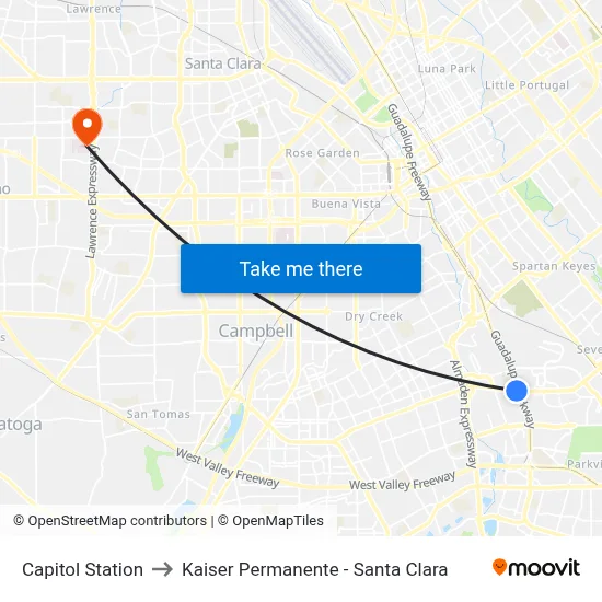 Capitol Station to Kaiser Permanente - Santa Clara map