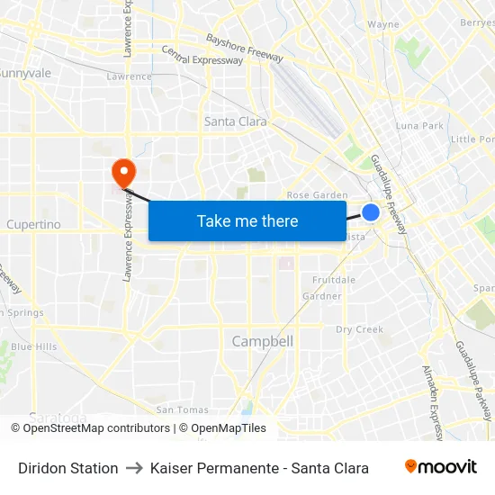 Diridon Station to Kaiser Permanente - Santa Clara map