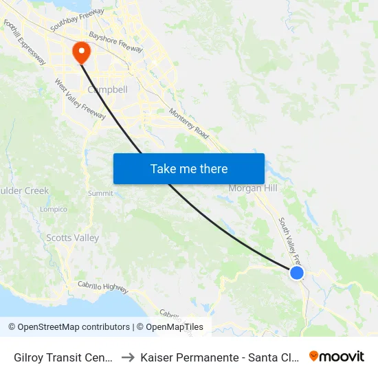 Gilroy Transit Center to Kaiser Permanente - Santa Clara map
