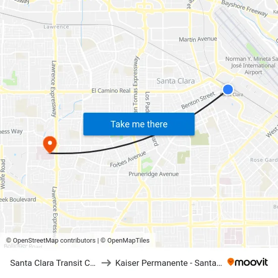 Santa Clara Transit Center to Kaiser Permanente - Santa Clara map