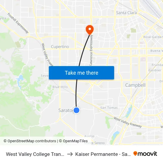 West Valley College Transit Center to Kaiser Permanente - Santa Clara map