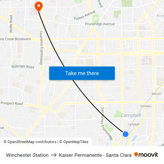 Winchester Station to Kaiser Permanente - Santa Clara map