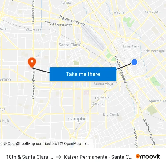 10th & Santa Clara (S) to Kaiser Permanente - Santa Clara map