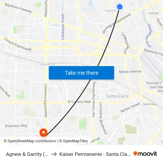 Agnew & Garrity (E) to Kaiser Permanente - Santa Clara map