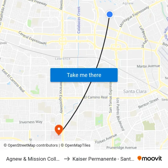 Agnew & Mission College (E) to Kaiser Permanente - Santa Clara map