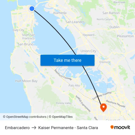 Embarcadero to Kaiser Permanente - Santa Clara map