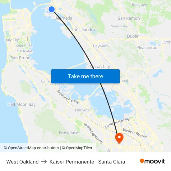 West Oakland to Kaiser Permanente - Santa Clara map