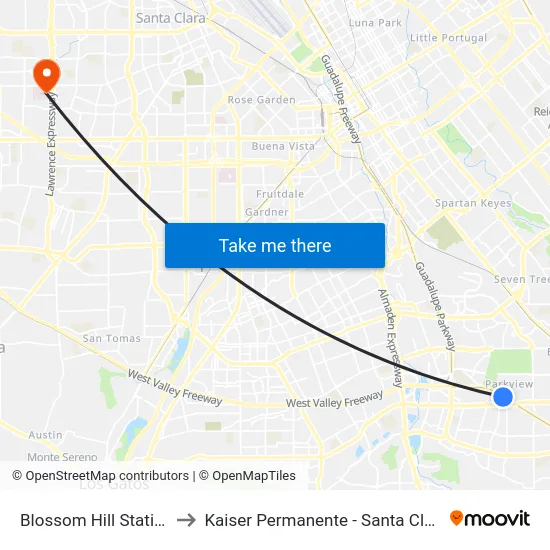 Blossom Hill Station to Kaiser Permanente - Santa Clara map