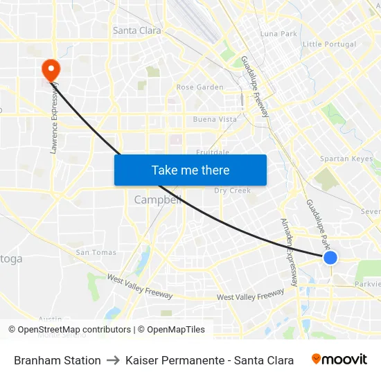 Branham Station to Kaiser Permanente - Santa Clara map